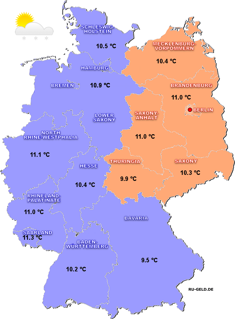 The average air temperature in Germany by month, by year and by land